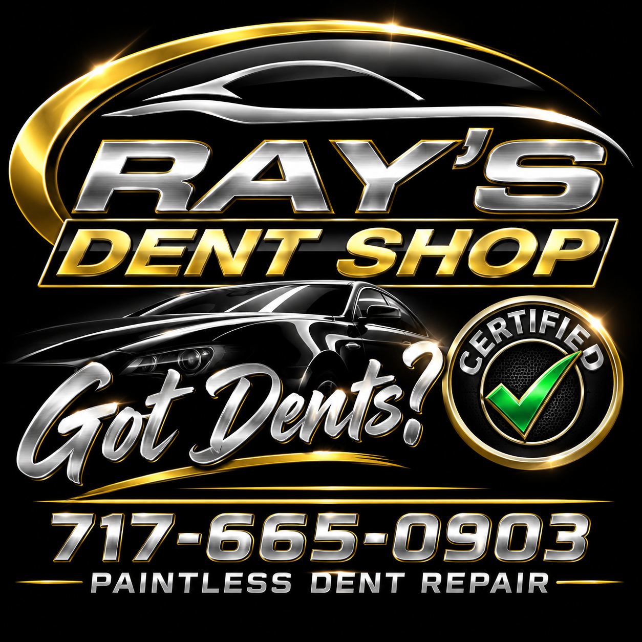 Ray’s Dent Shop chrome and gold logo